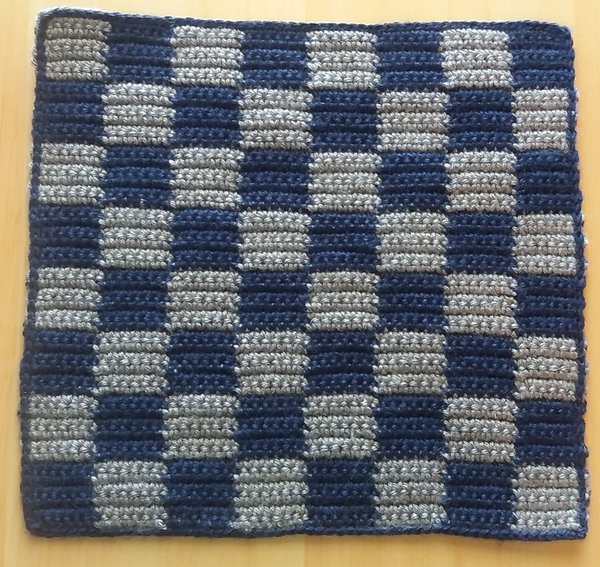 Crochet checkers game board in blue and gray