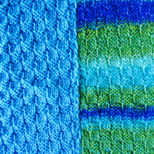 Knit blue and green basketweave scarf closeup