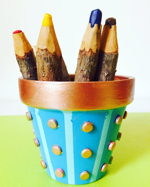 Painted Tardis inspired flower pot with coloring pencils