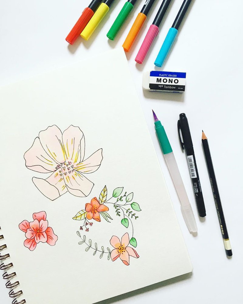 Watercolor flowers with Tombow dual brush pens