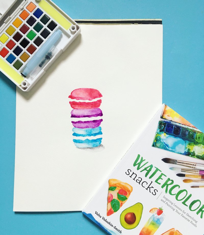 Watercolor Snacks book, watercolor paints, macaron watercolor painting