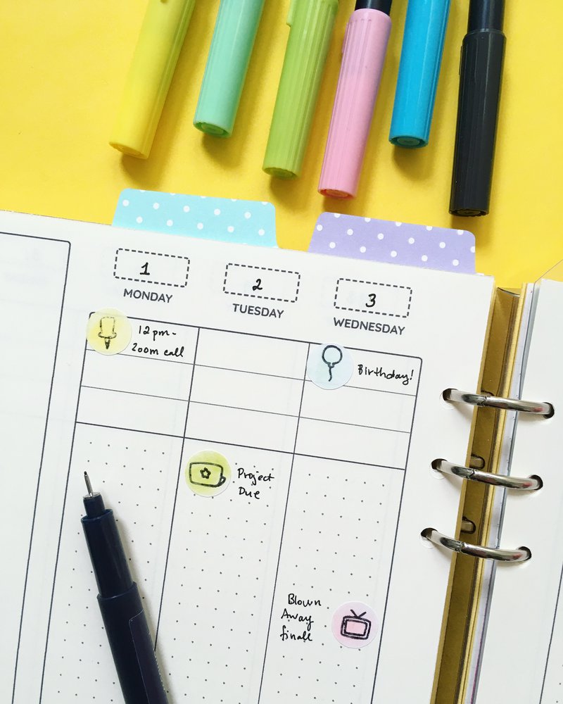 Watercolor stickers in weekly planner view and Tombow markers